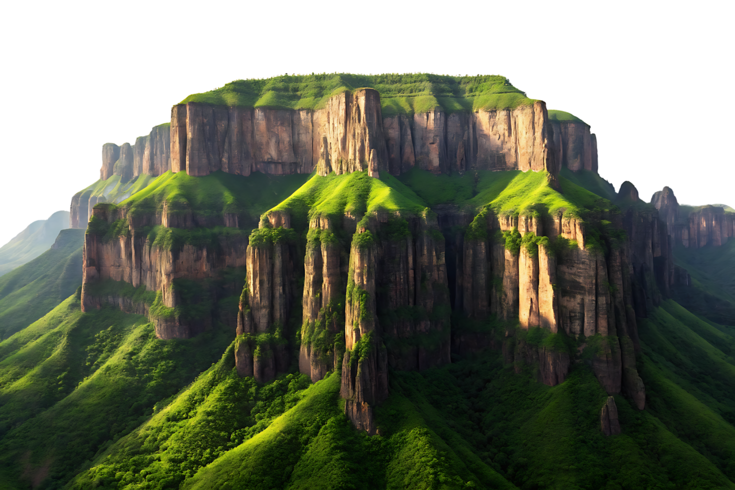 Majestic mountain landscape with lush green slopes and dramatic cliffs. png