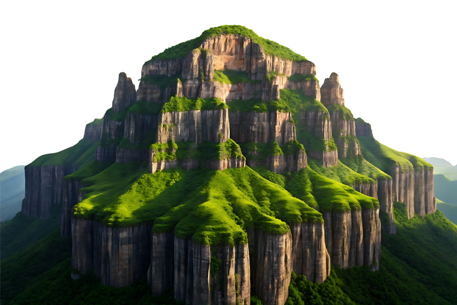 Majestic mountain landscape with lush green vegetation and steep cliffs. png