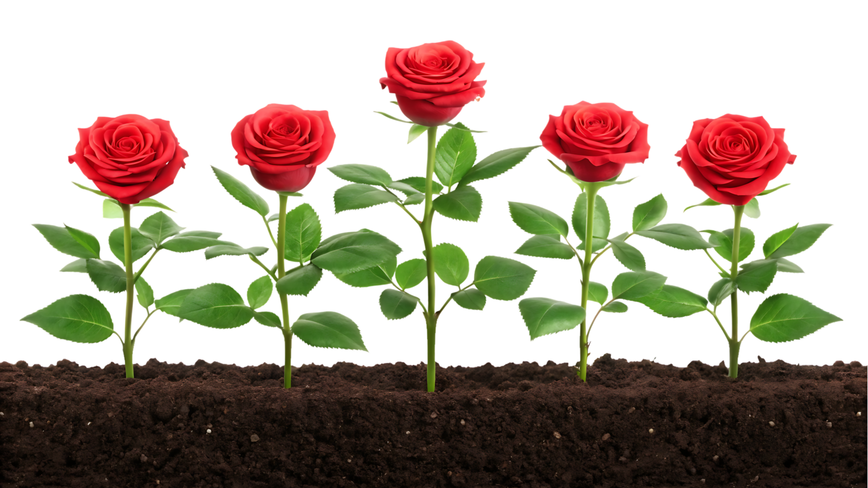 Five red roses growing in soil png