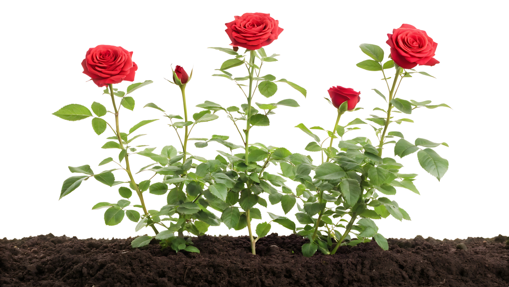 Three red roses growing in soil, isolated on white background. png