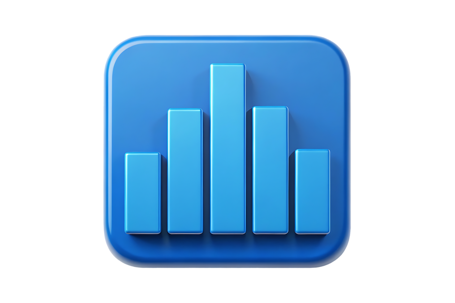 Blue 3D bar graph icon on square button. png