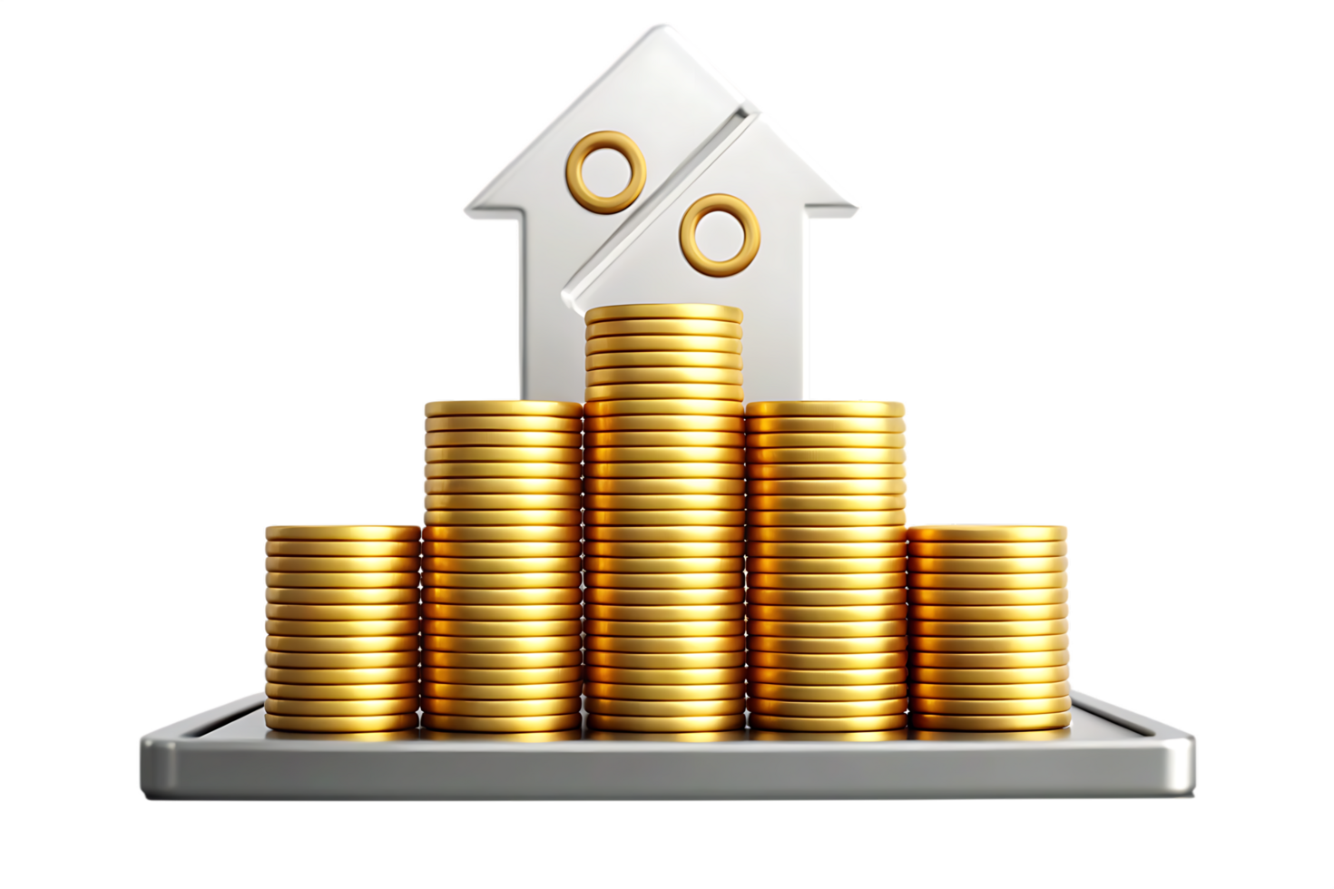 Growing gold coins stacks with house and percentage sign. png