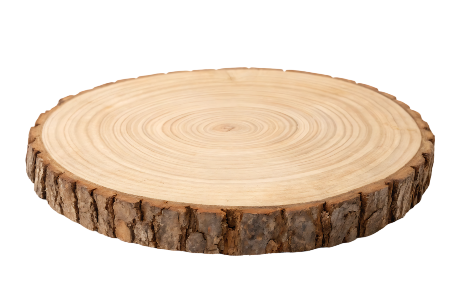 Round wooden slice with bark edge, rustic texture. png