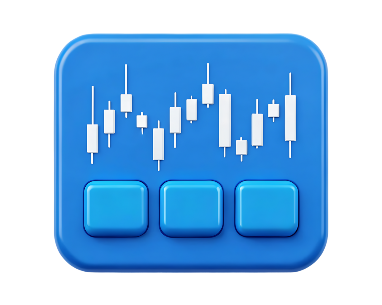 Blue digital interface with candlestick chart and buttons. png