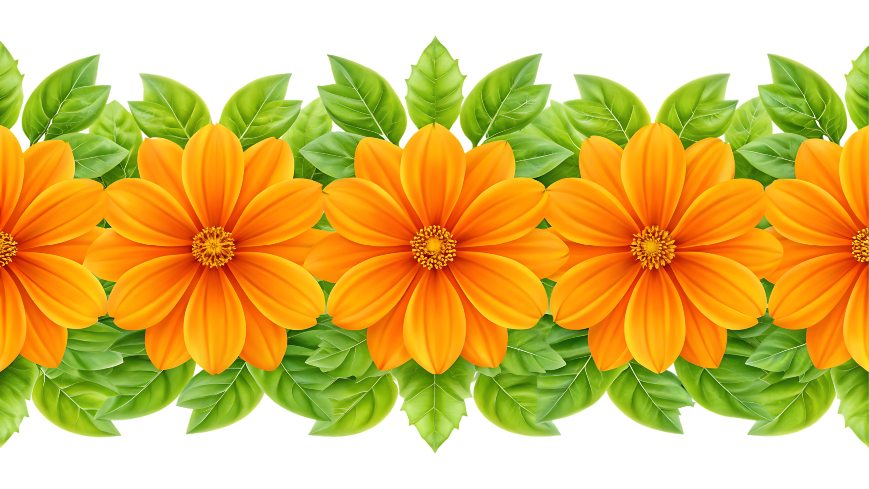 Seamless border of vibrant orange flowers and green leaves. png