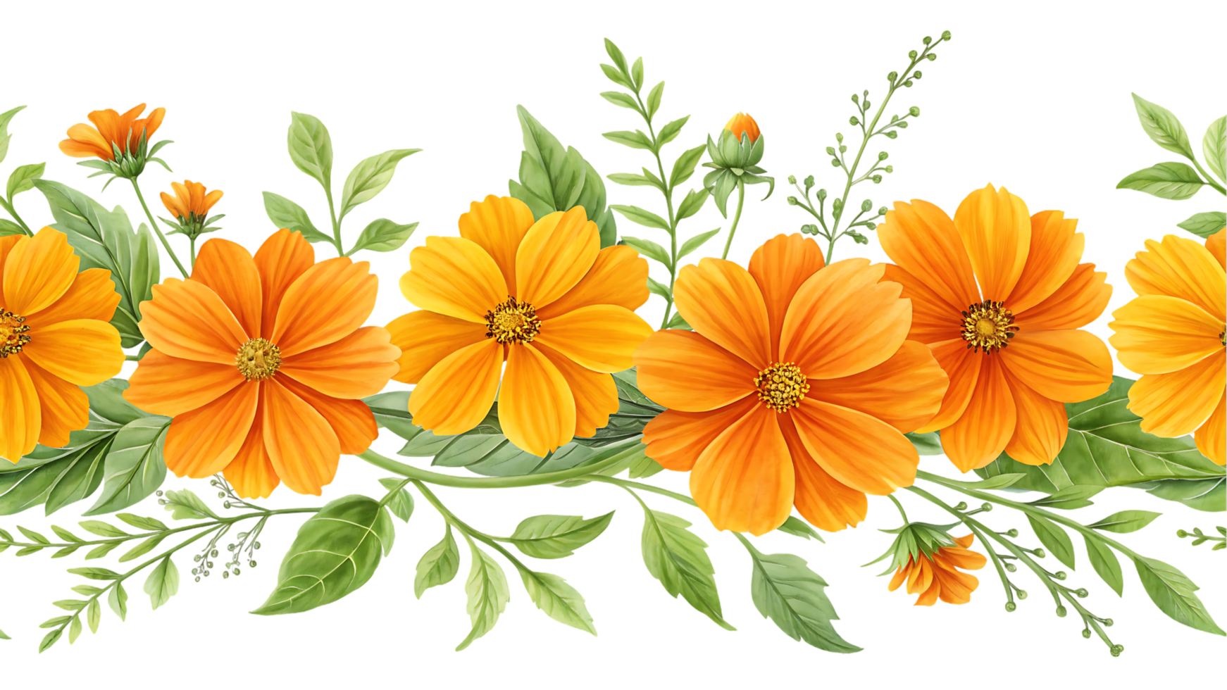 Orange flower seamless border. Watercolor floral design. png
