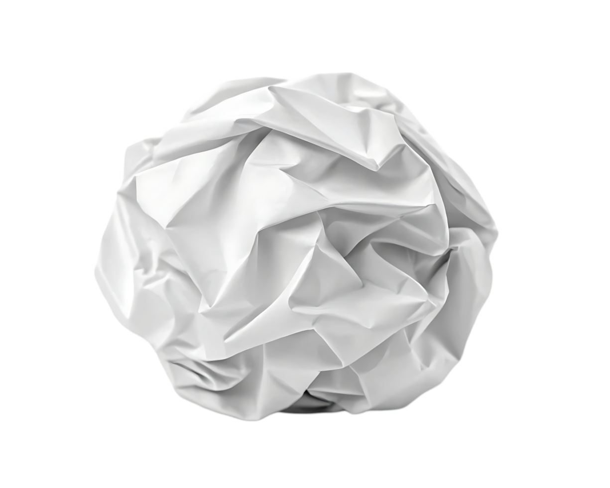 Close up of a crumpled piece of white paper. png