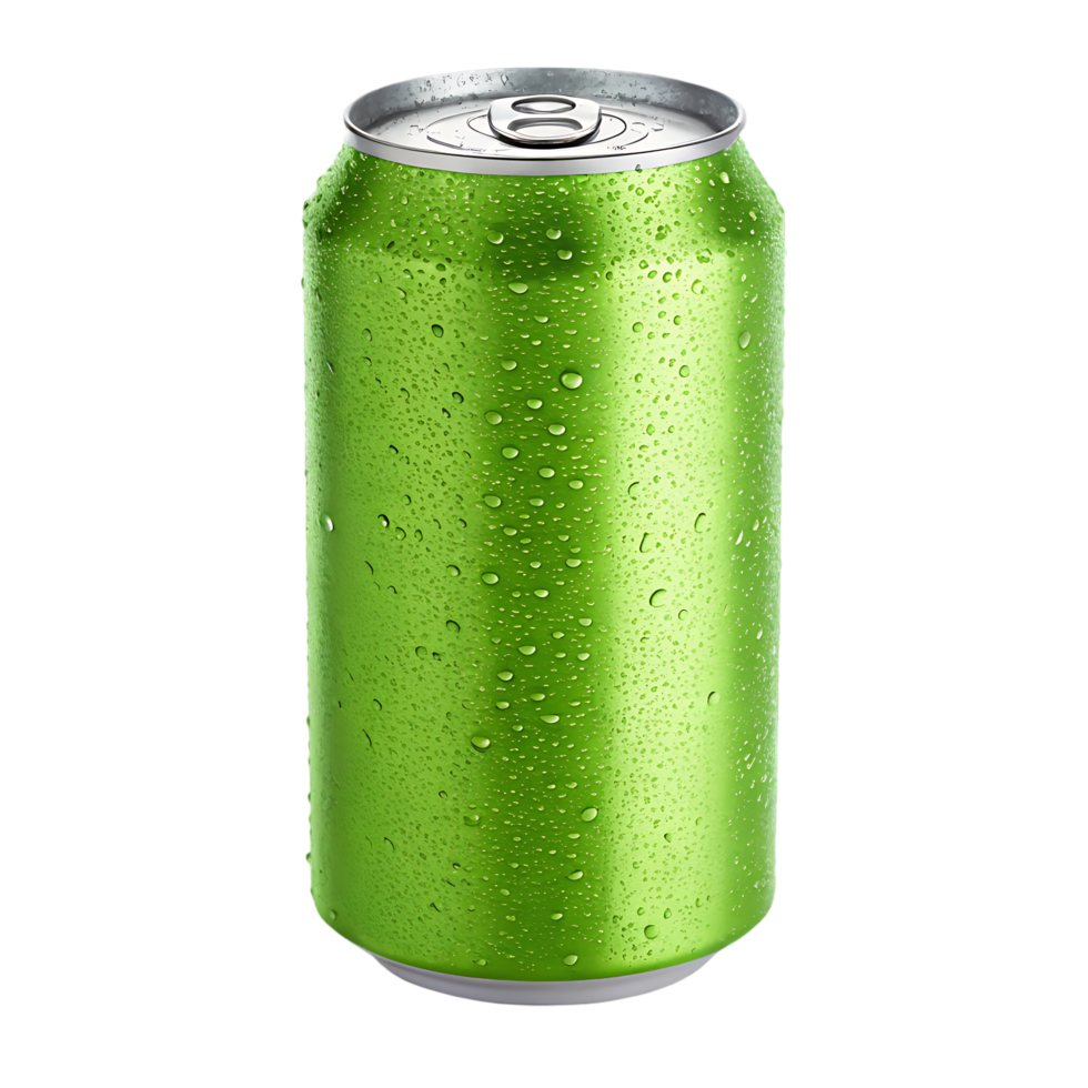 Refreshing green aluminum soda can with condensation. png