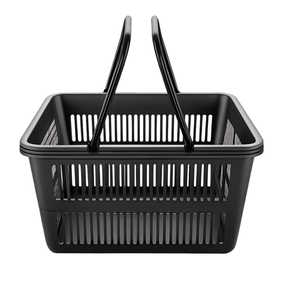 Empty black plastic shopping basket. png