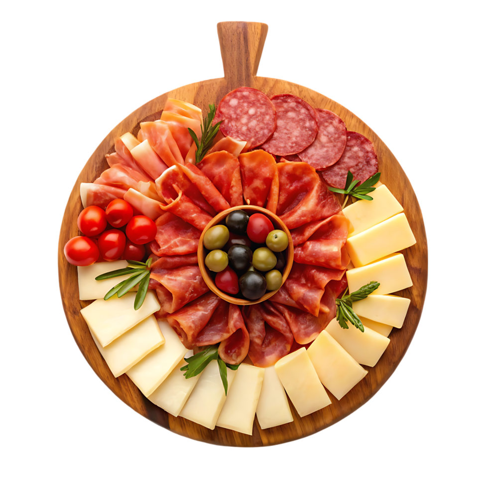 Delicious charcuterie board with salami, prosciutto, cheese, olives, and cherry tomatoes. png