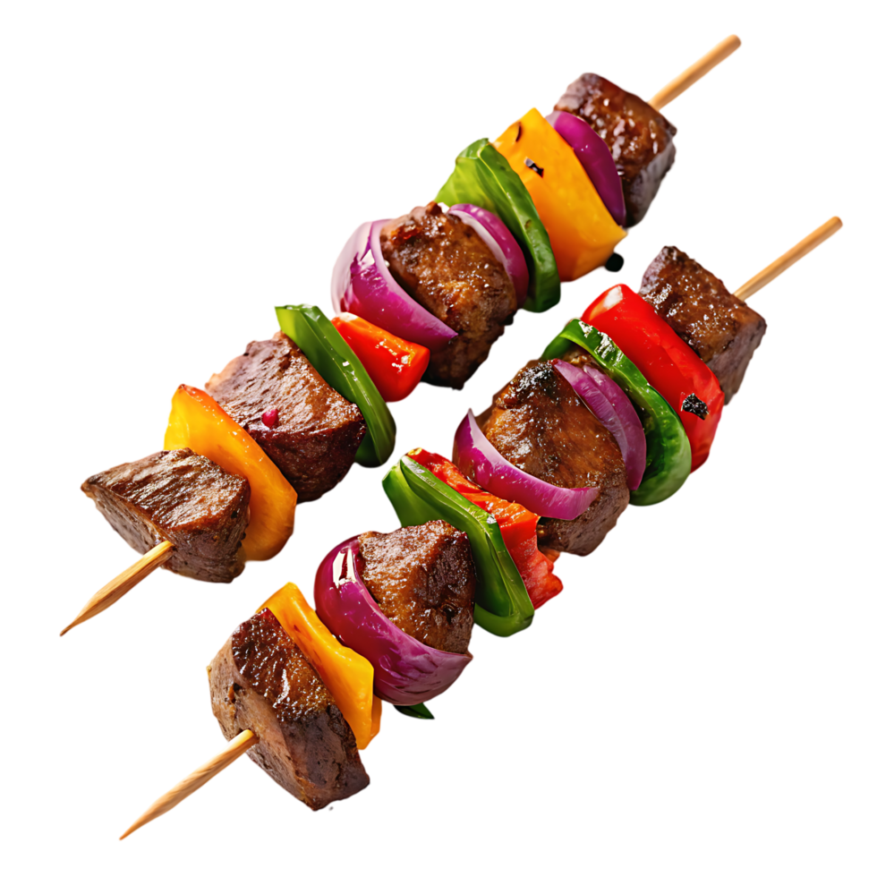 Delicious grilled beef skewers with peppers and onions. png