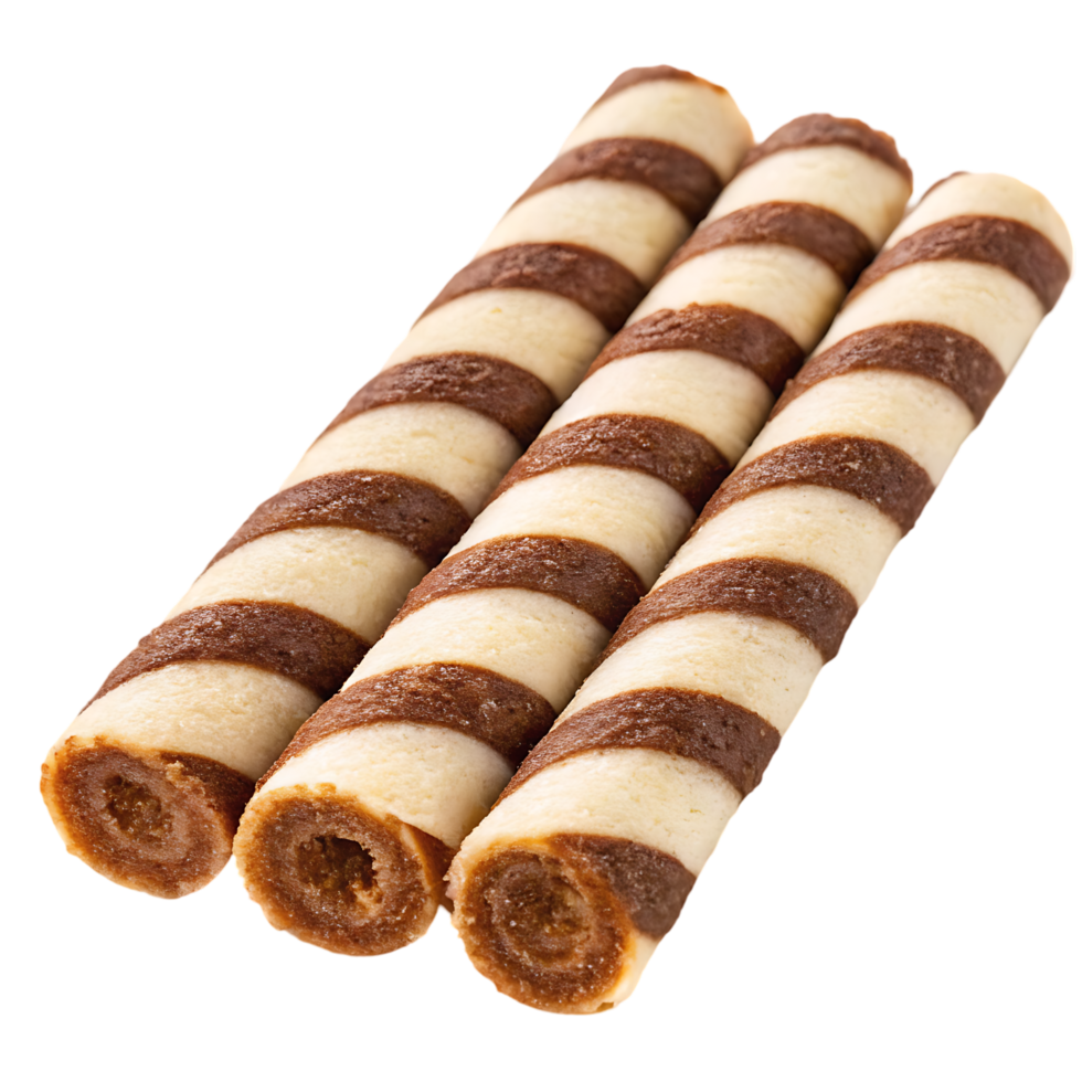 Three delicious chocolate wafer rolls, close up. png
