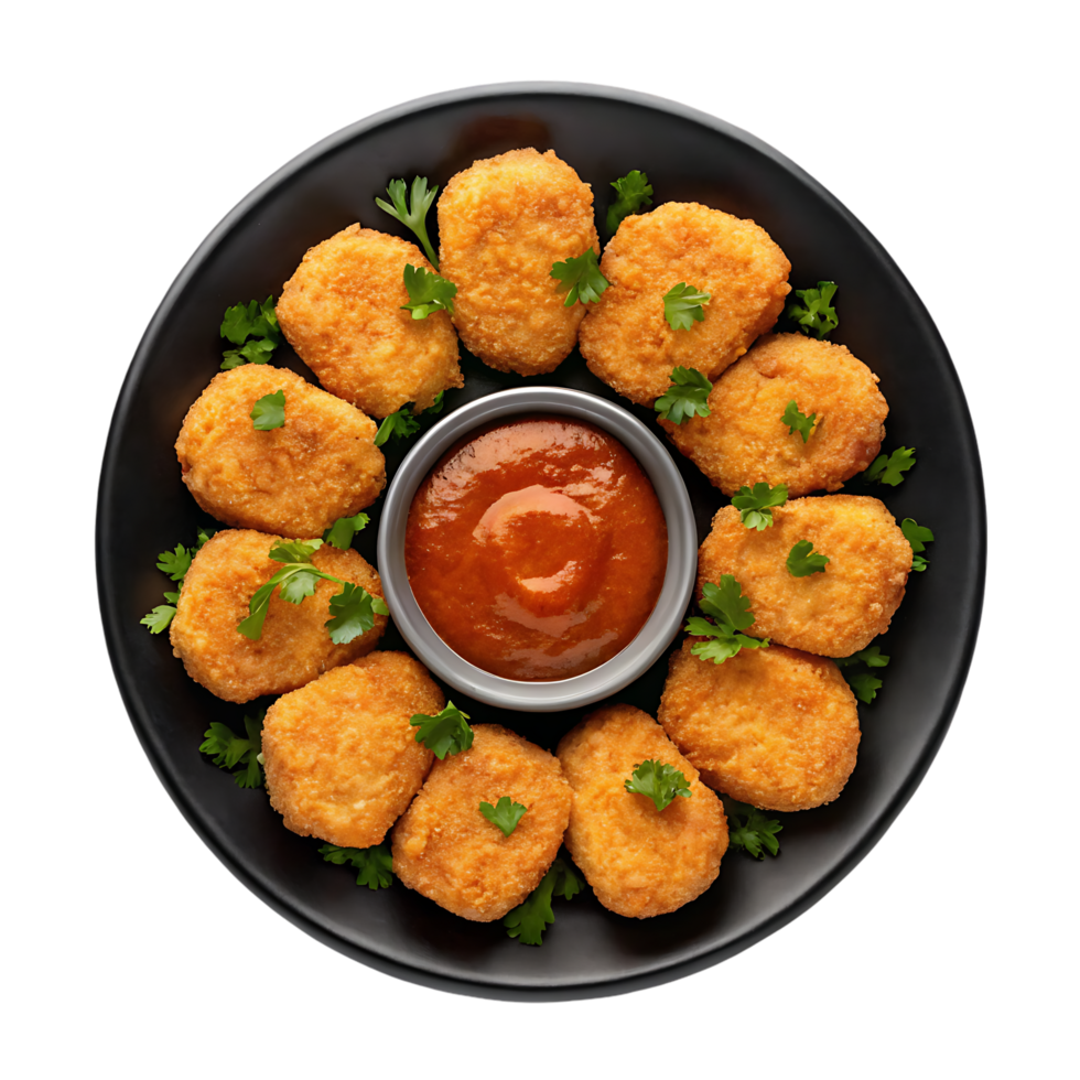 Crispy chicken nuggets served with a delicious dipping sauce. png
