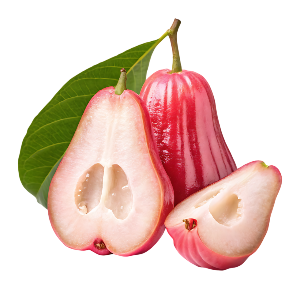 Fresh, ripe rose apples with leaf, isolated on black background. png