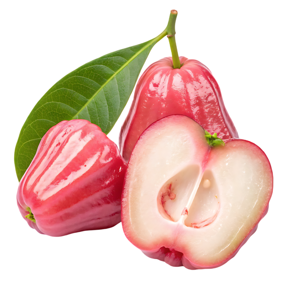 Fresh ripe rose apples with leaf, isolated on black background. png