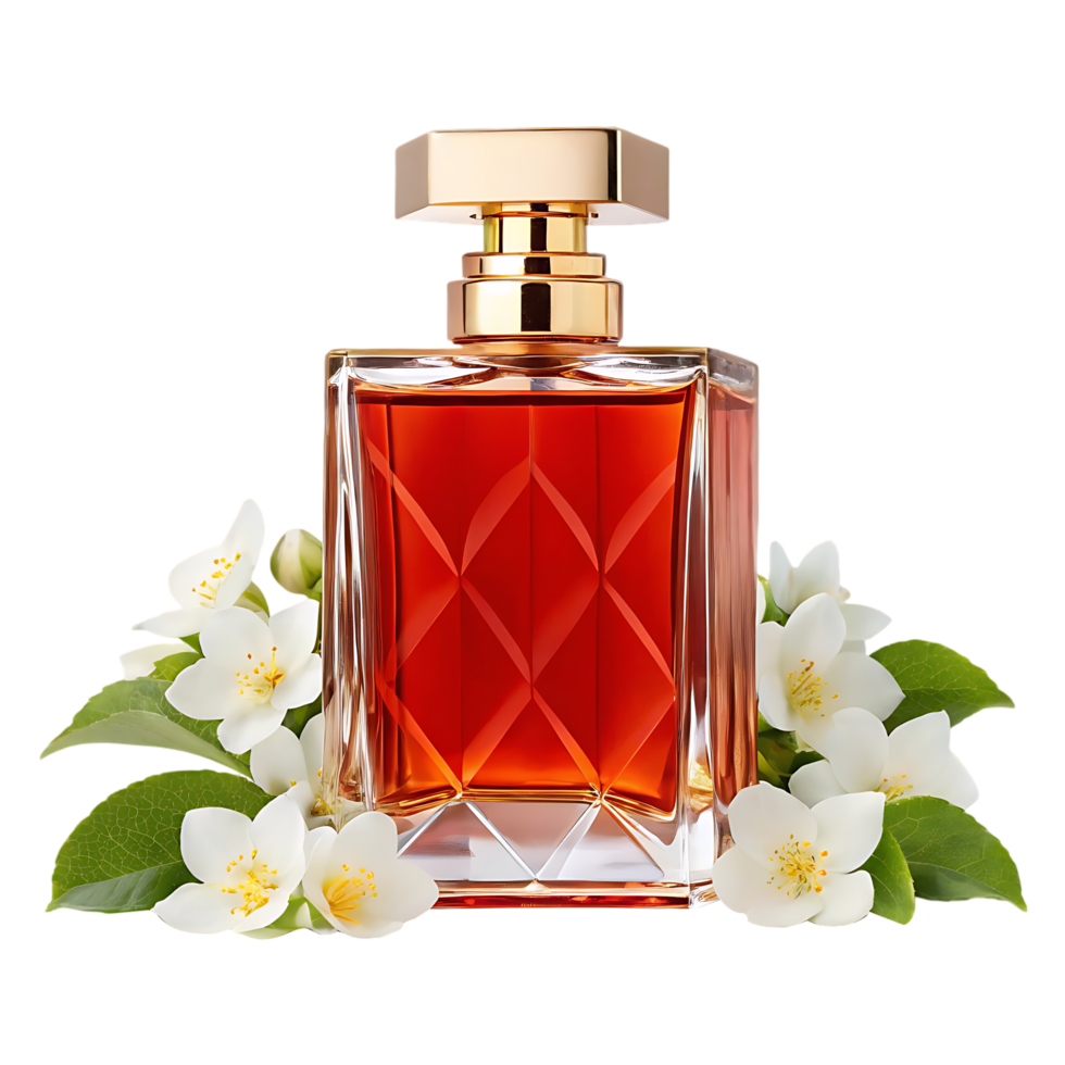 Elegant amber perfume bottle with jasmine flowers. png