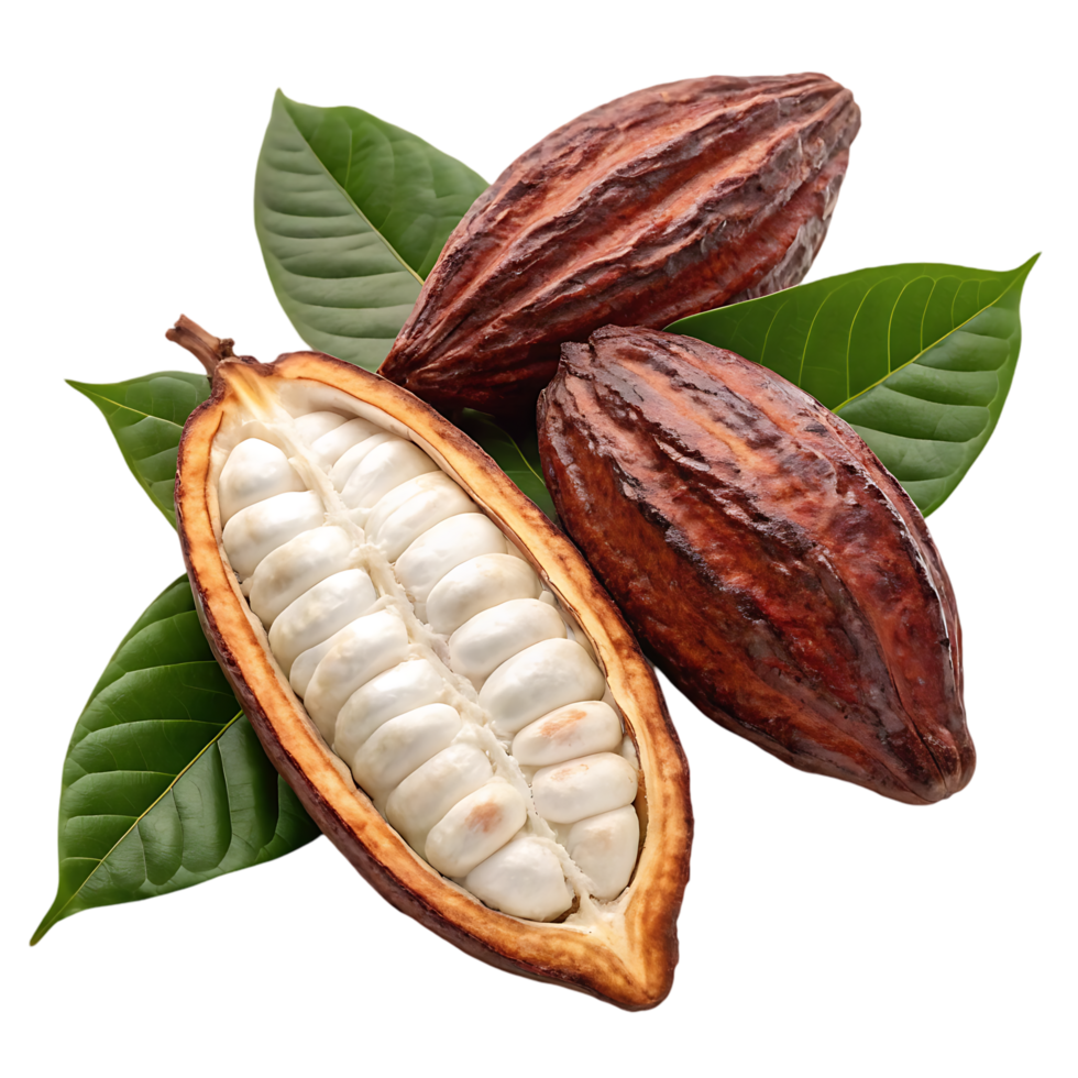 Fresh cocoa pods with beans and leaves. png