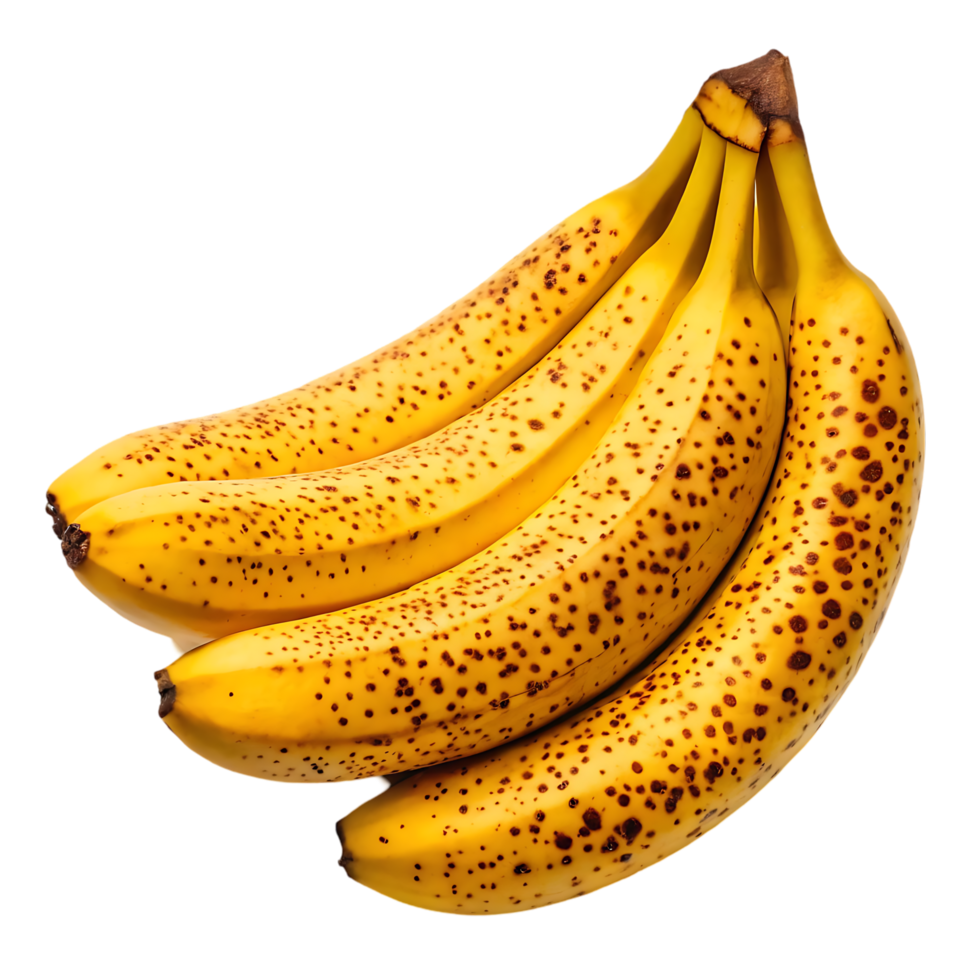 Bunch of ripe bananas with brown spots. png