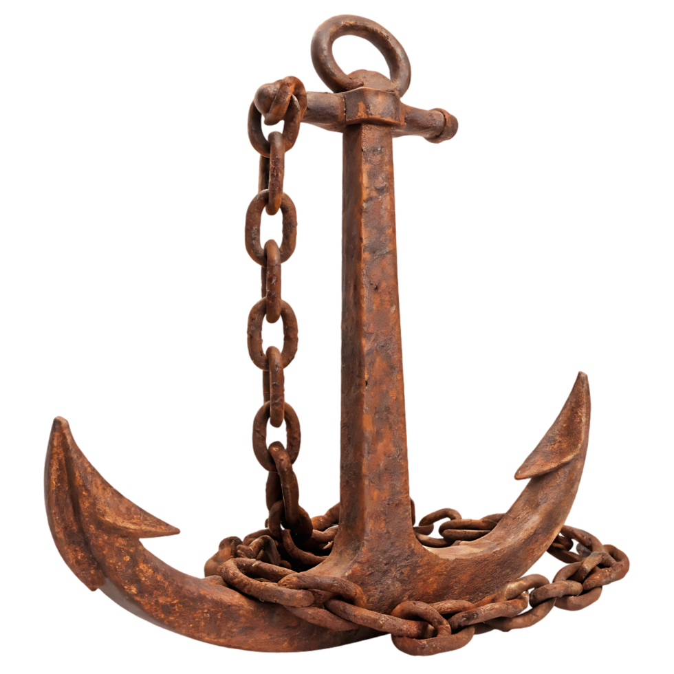 Rusty anchor with chain, nautical symbol of hope and stability. png