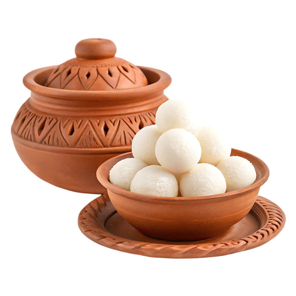 Sweet Rosogolla in terracotta bowl and pot. Indian dessert. png