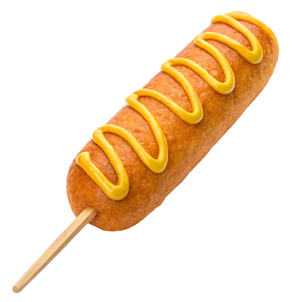 Delicious corn dog with mustard. Classic American fair food. png