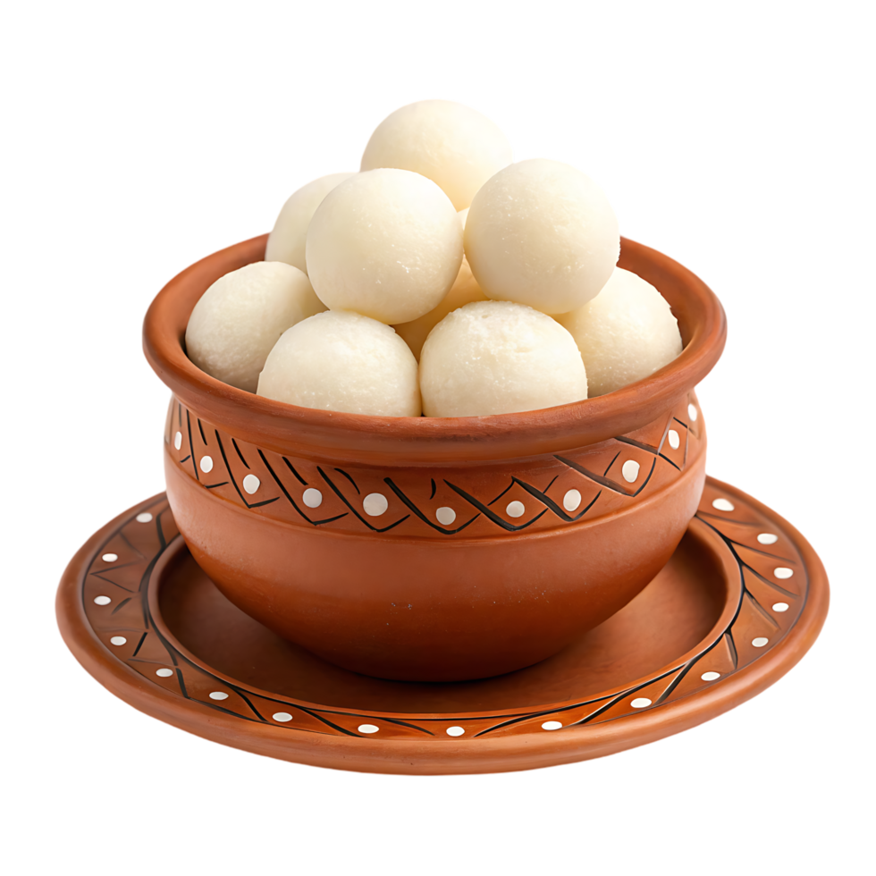 Sweet Rasgulla in a terracotta bowl png