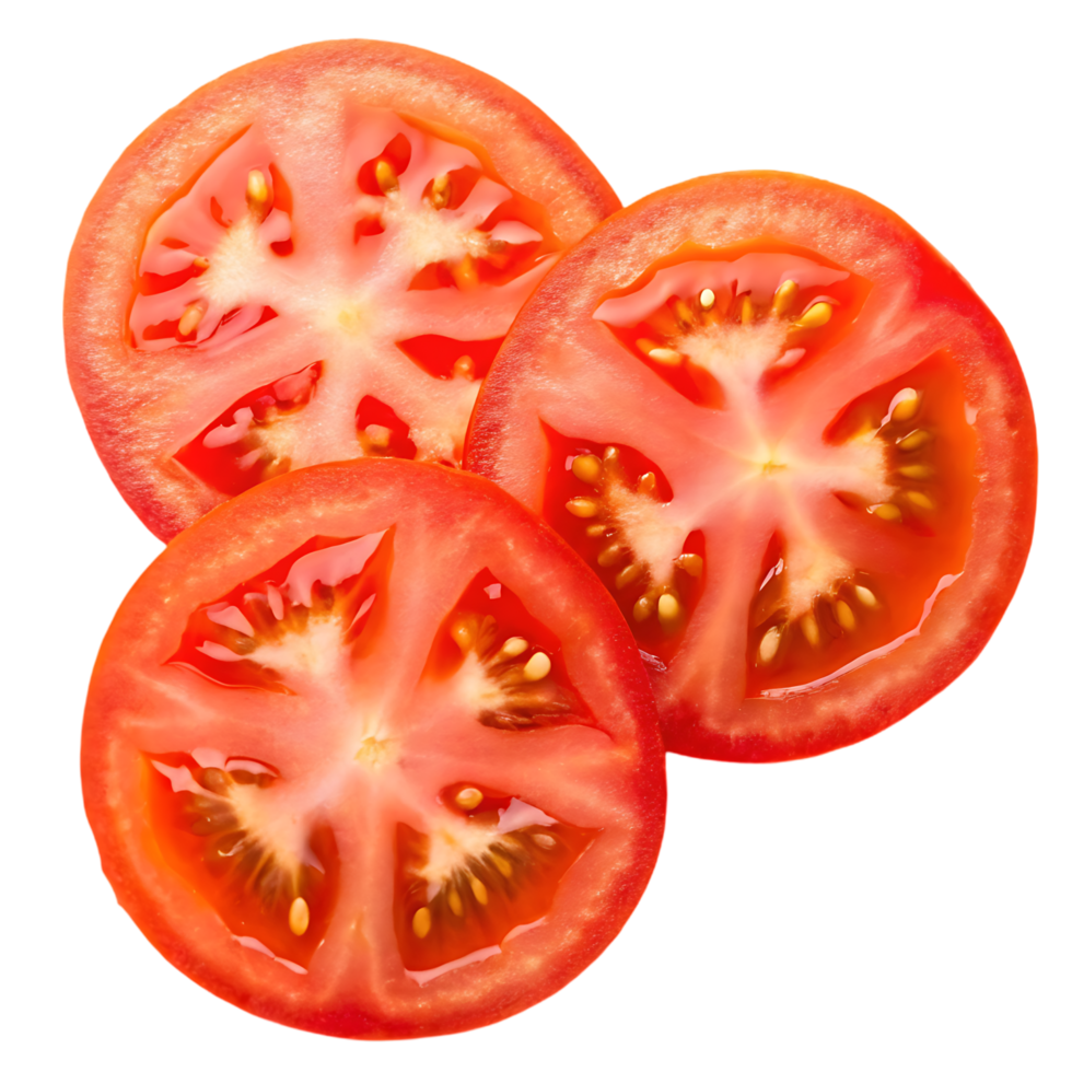 Three slices of ripe red tomato, perfect for salads or sandwiches. png