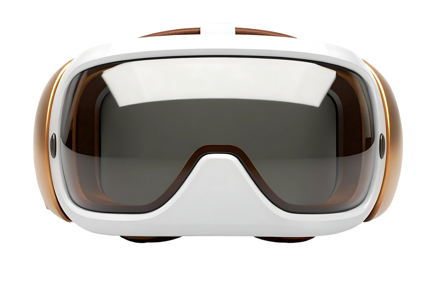 Futuristic VR headset, white and gold design. png