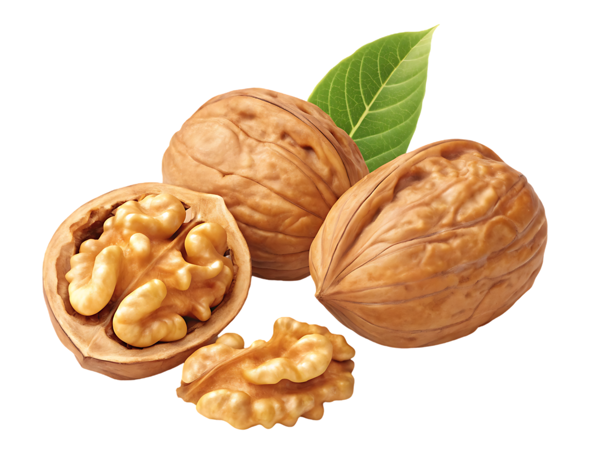 Close up of walnuts with leaves. Healthy food, nutritious snack. png