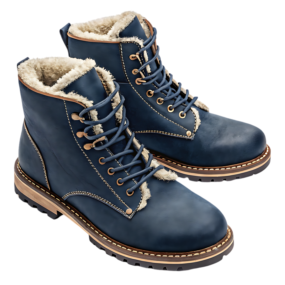 Pair of stylish blue winter boots with fur lining. png