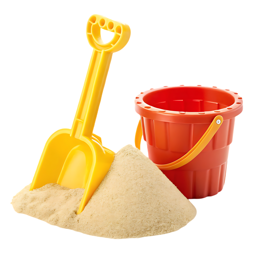 Yellow shovel and red bucket in sand. png