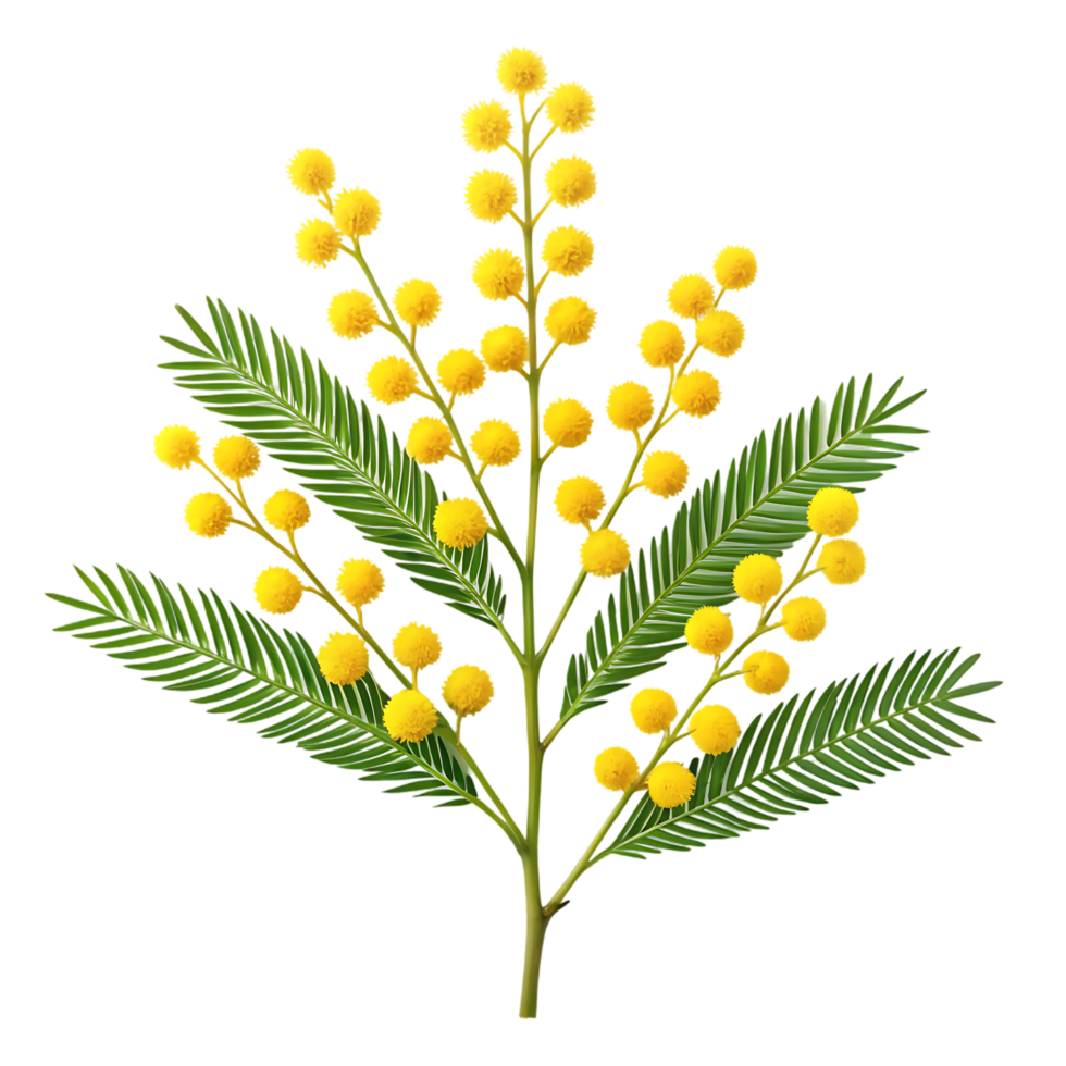 Mimosa flower sprig, yellow blossoms, green leaves png