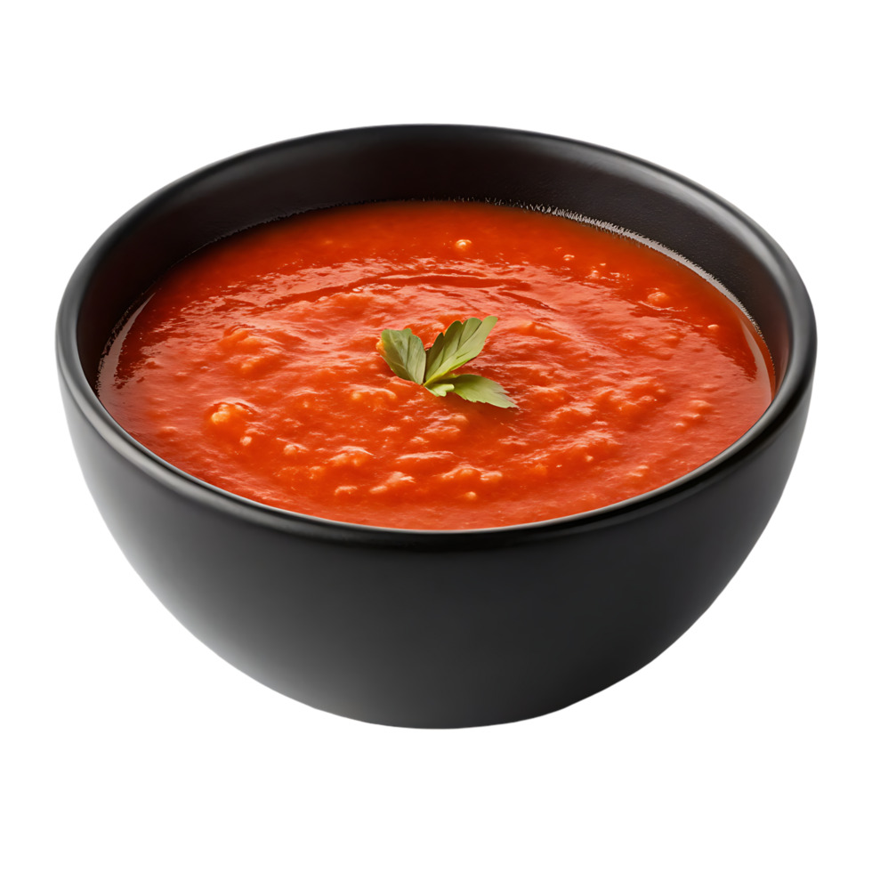 Delicious tomato soup in a black bowl png