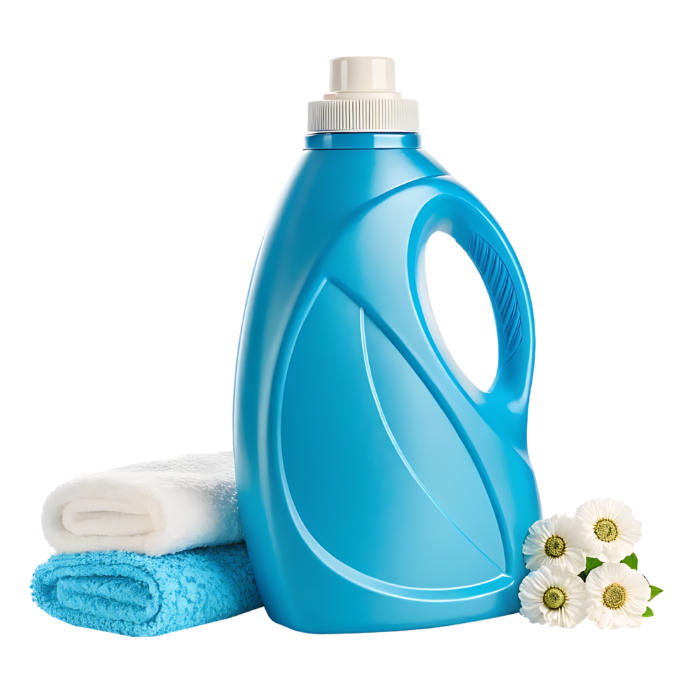 Laundry detergent bottle with towels and flowers png