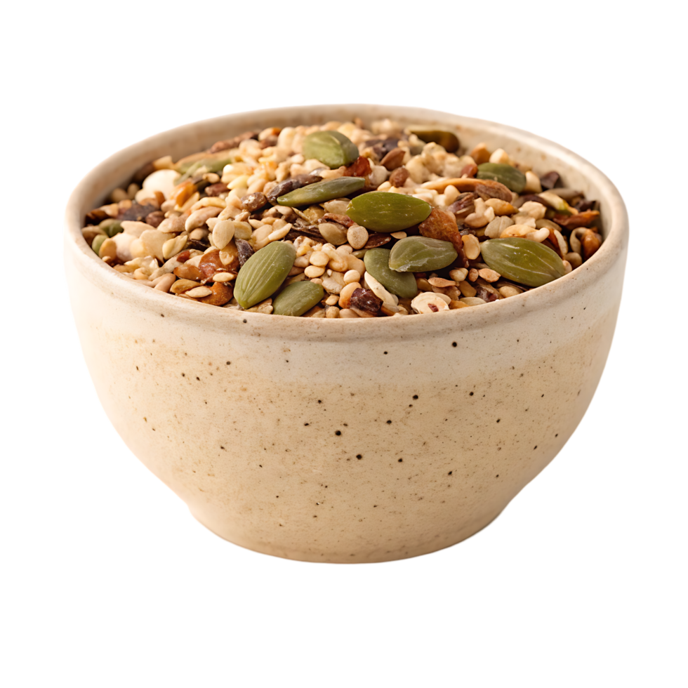 Bowl of healthy granola with nuts and seeds. png