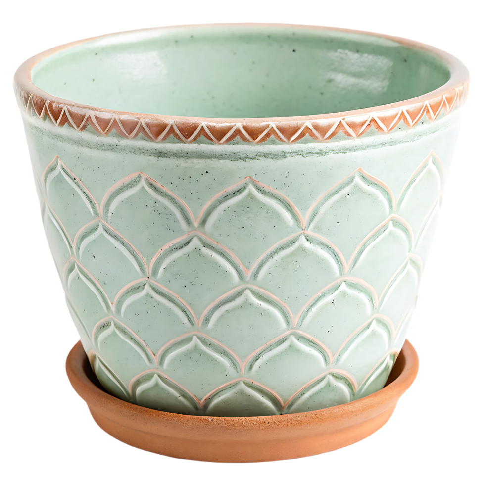 Elegant mint green ceramic planter with embossed pattern and terracotta saucer. png