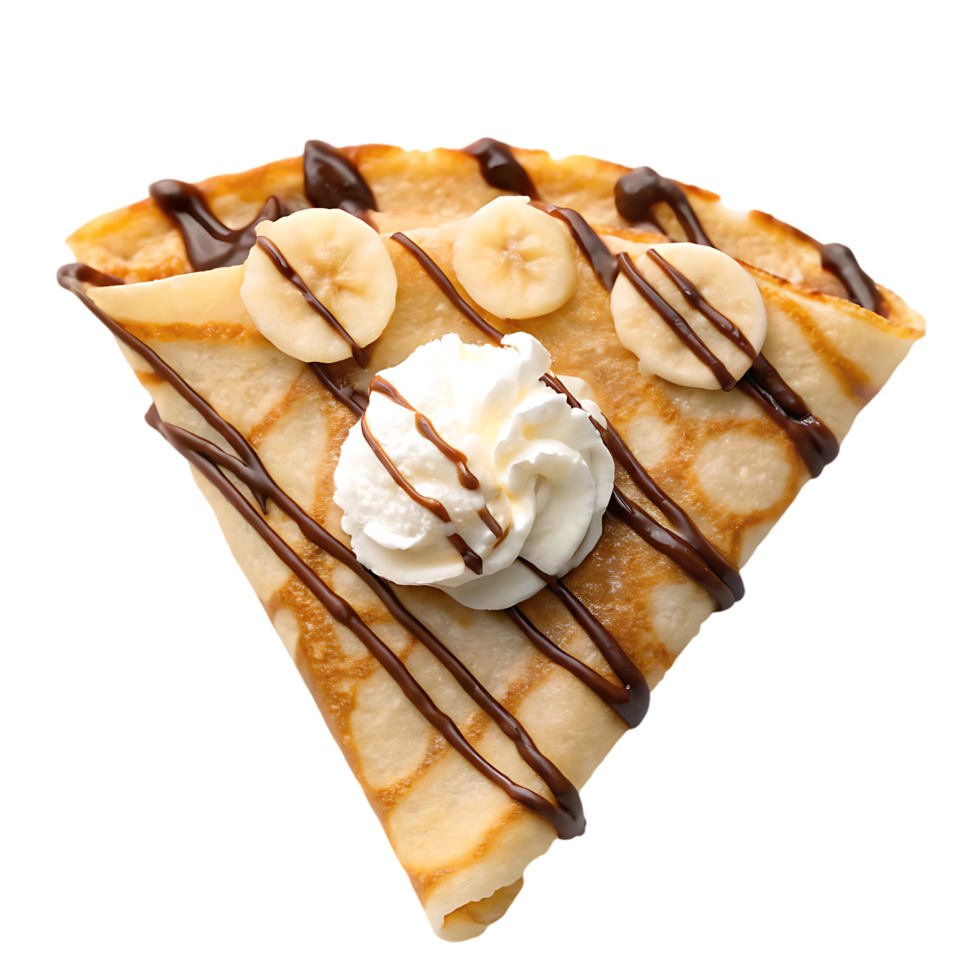 Delicious crepe with banana, whipped cream, and chocolate sauce. png