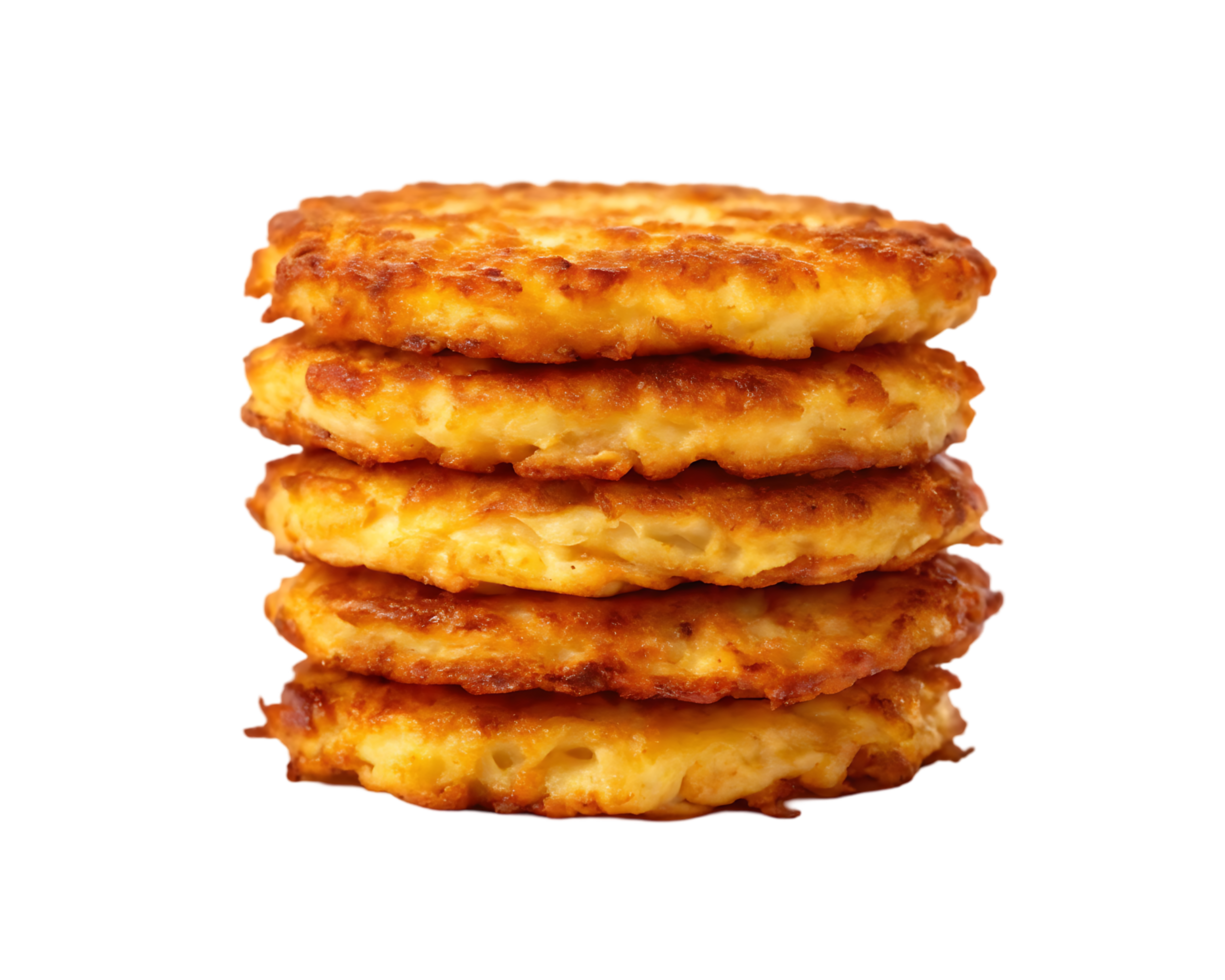 Stack of golden brown, crispy potato pancakes. Delicious fried food. png