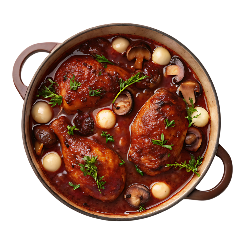 Delicious chicken stew with mushrooms and pearl onions. png