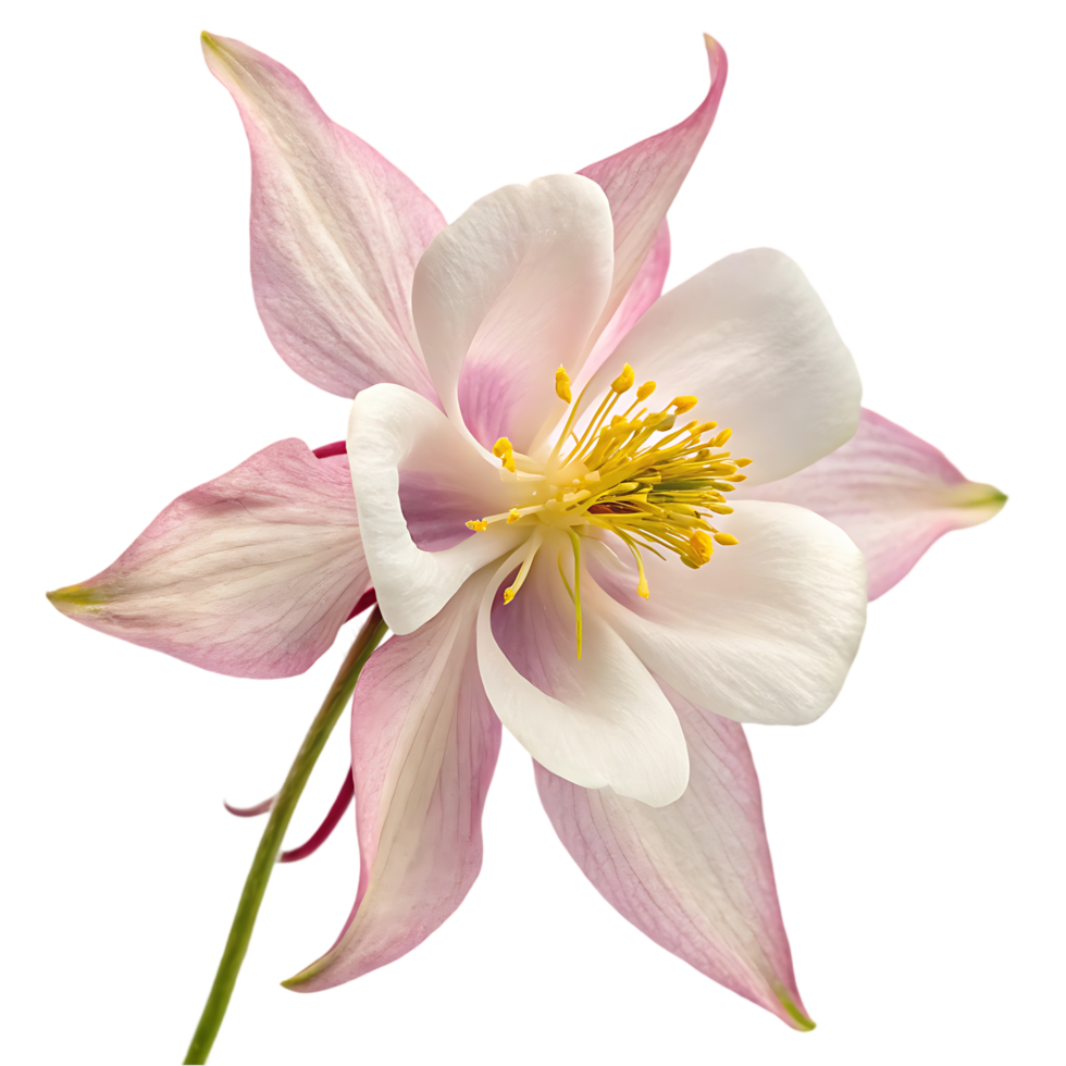 Close up of a delicate pink and white columbine flower. png