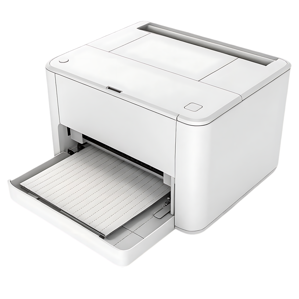 White compact laser printer with paper tray open. Office technology, printing, document. png
