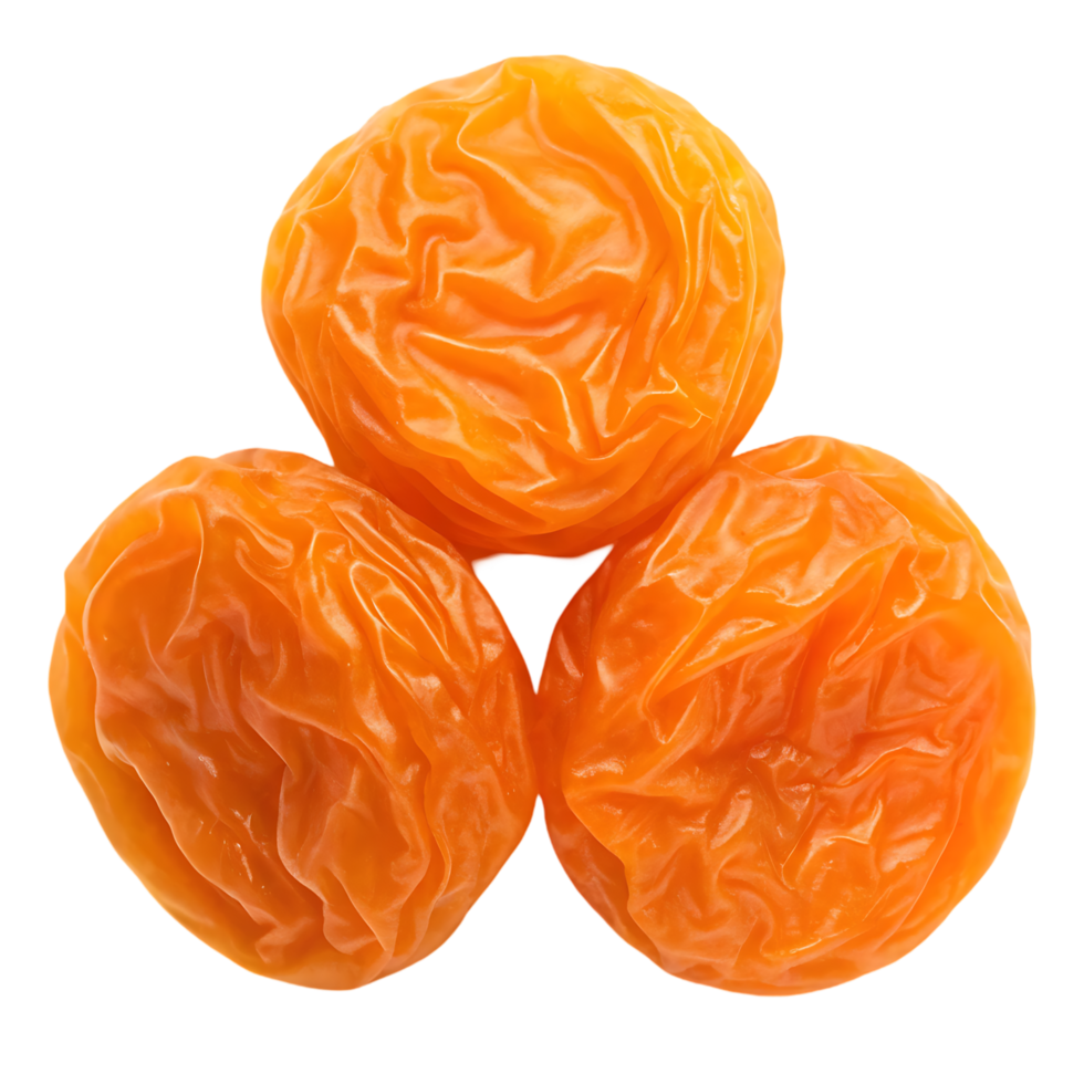 Three delicious dried apricots, close up. png