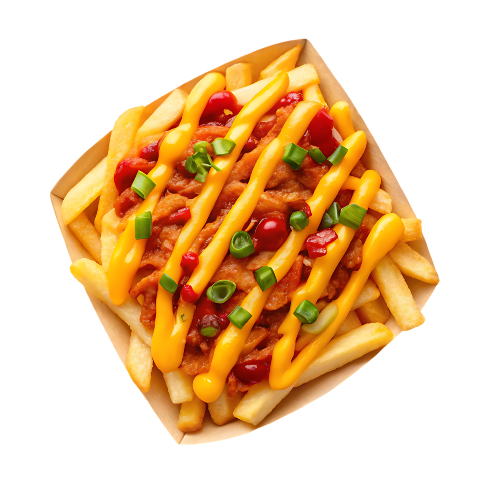 Loaded chili cheese fries in a paper boat. png