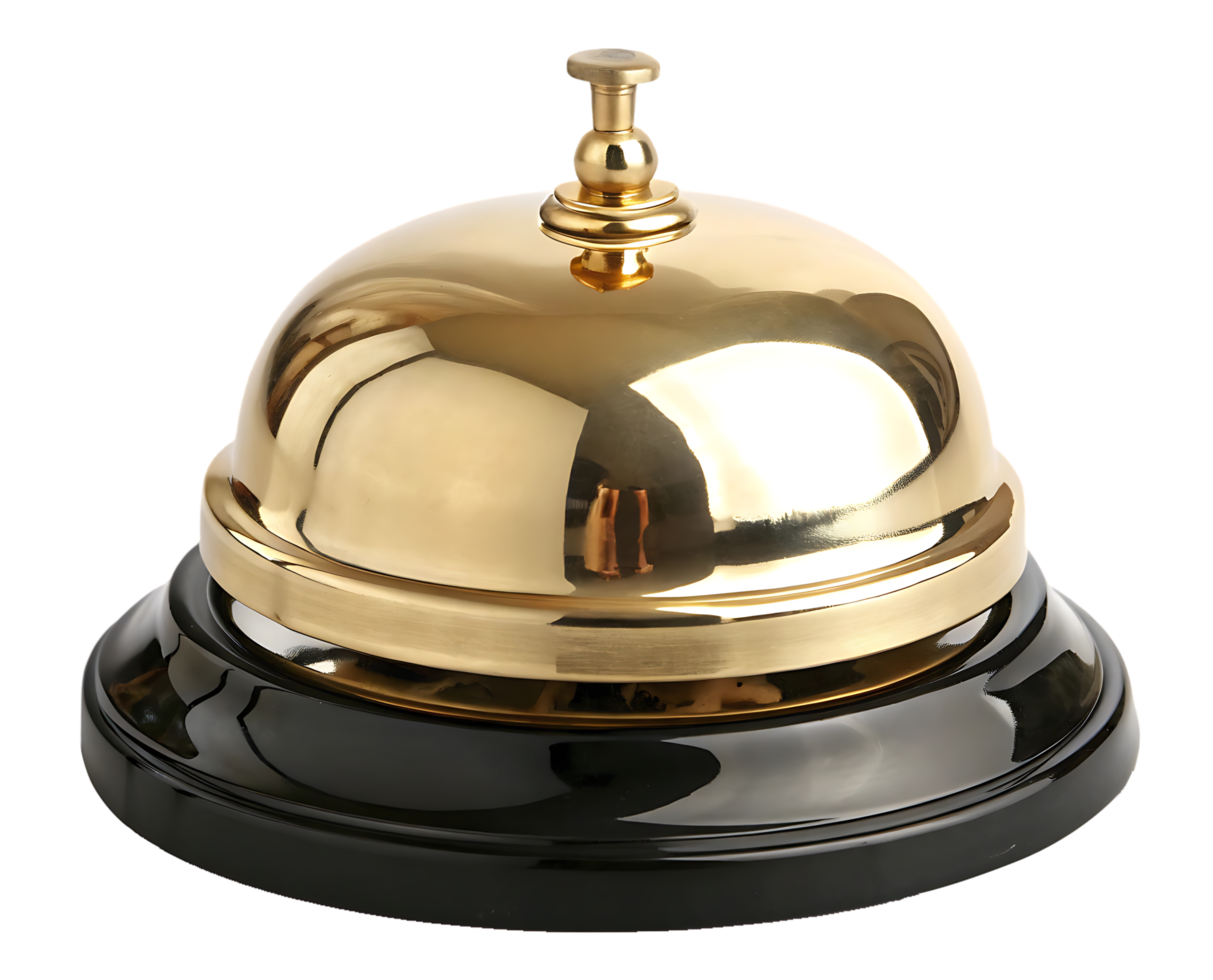 Gold service bell on black base. Reception, hotel, help. png