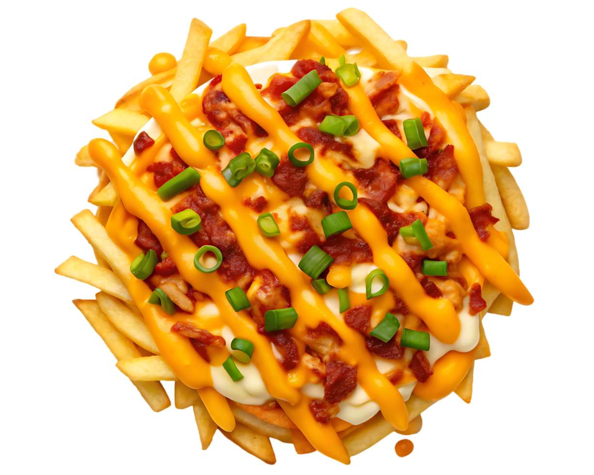 Loaded fries with cheese, bacon, and green onions. png