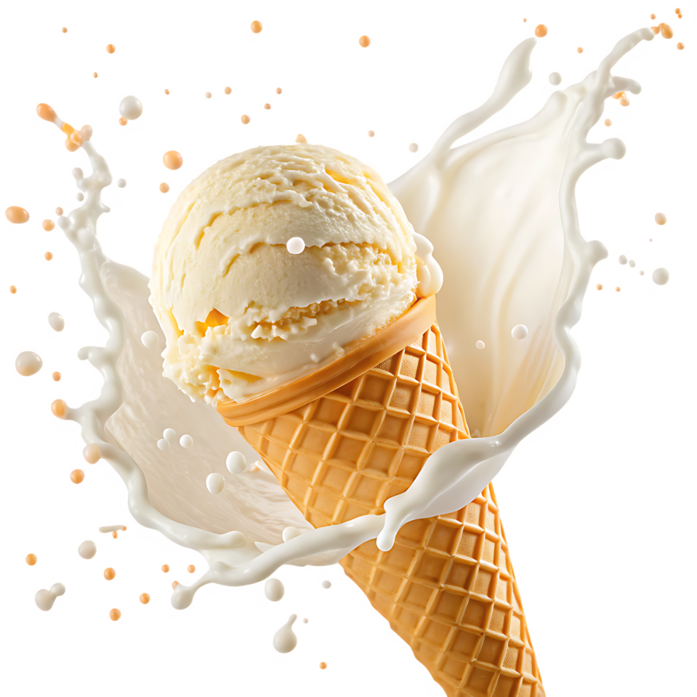 Vanilla ice cream cone with milk splash png