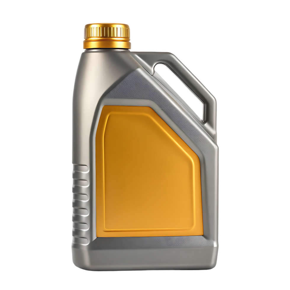 Gray plastic canister with gold label. Motor oil, lubricant, industrial. png