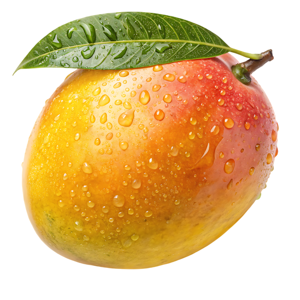 Juicy ripe mango with water droplets and leaf. png