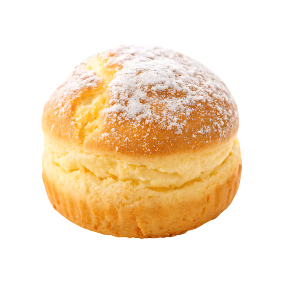 Delicious fluffy souffle cake, powdered sugar topping png
