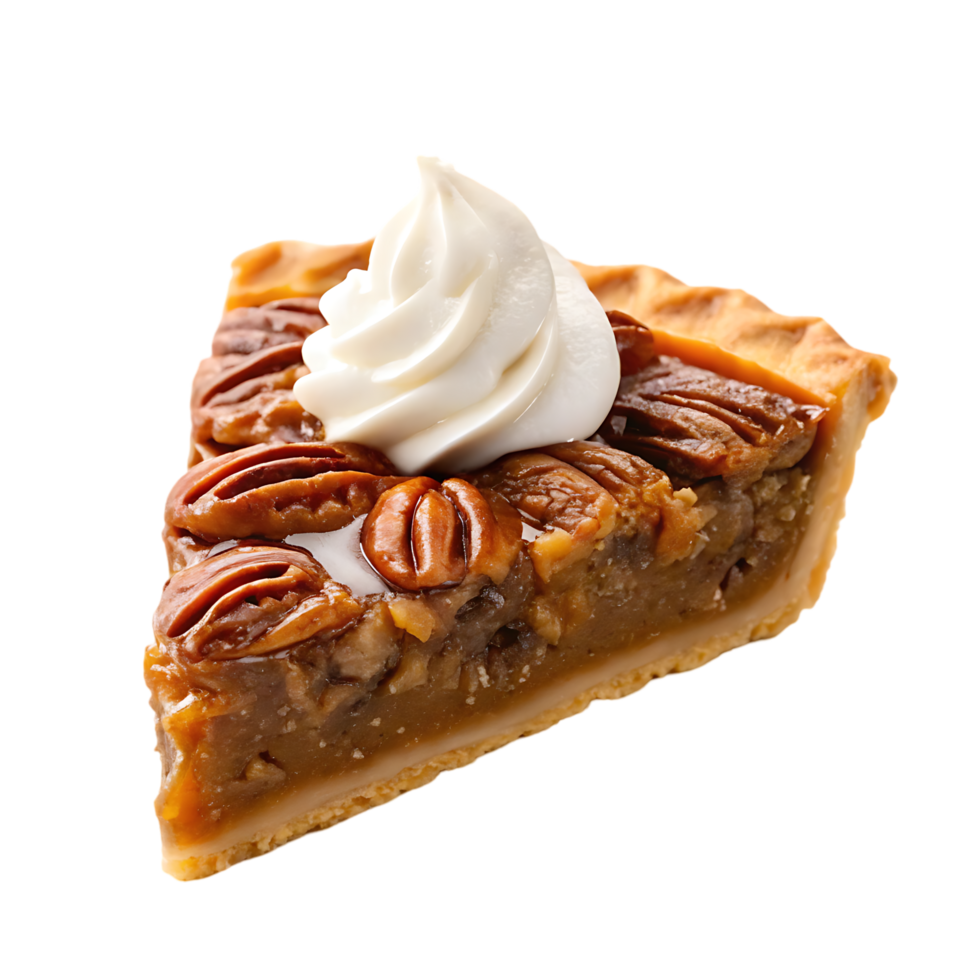 Delicious slice of pecan pie with whipped cream png